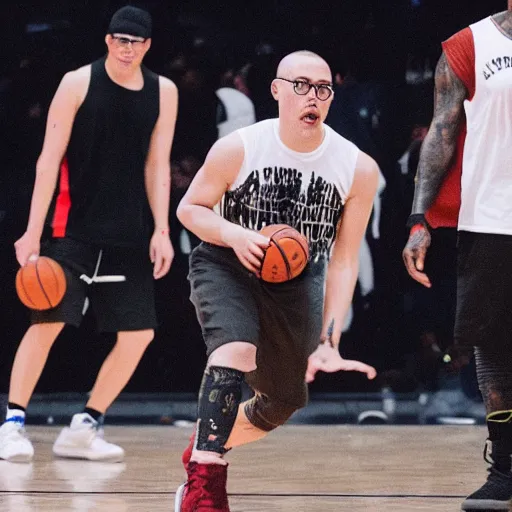 Prompt: anthony fantano playing basketball with kanye west