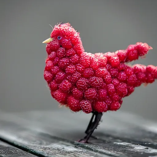 Prompt: photo of a bird made out of raspberries