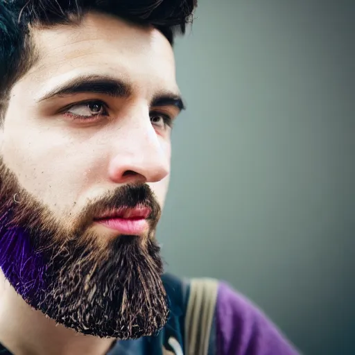 Prompt: a portrait of a queer man with short stylish purple hair and a brown trimmed beard, 4k, photorealistic, shallow depth of field