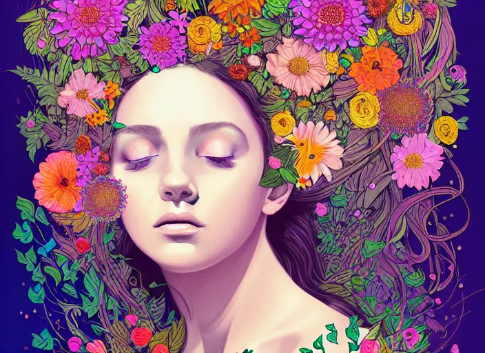 Prompt: a painting of a beautiful young girl with a lot of flowers and plants on its head, poster art by android jones, behance contest winner, generative line art, made of flowers, grotesque, concert poster