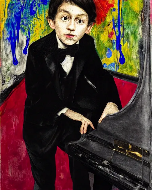 Prompt: portrait of a child piano player in tuxedo painted by vincent lefevre and hernan bas and pablo amaringo and pat steir and hilma af klint, psychological, photorealistic, dripping paint, washy brush, rendered in octane, altermodern, masterpiece