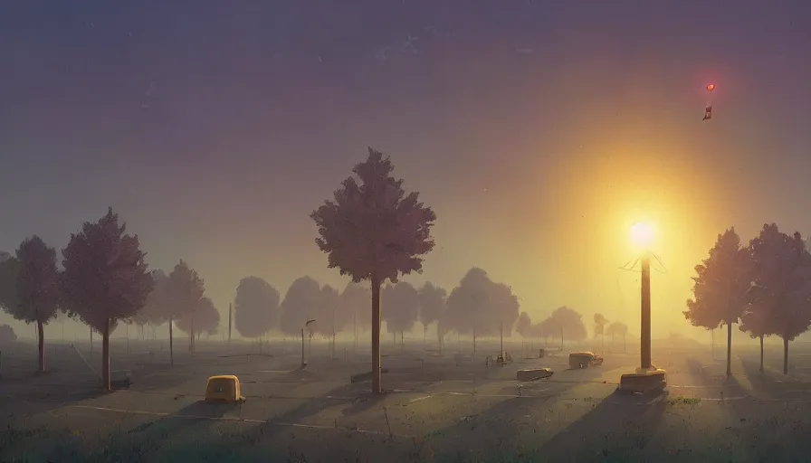 Prompt: city full of solar panels, early morning sun in the sky, one tree, simon stalenhag