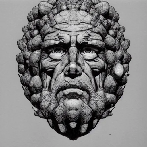 Image similar to hyperrealistic drawing of a marble stone sculpture of the bust of a storm giant, empty eye sockets, crown of metal, by larry elmore