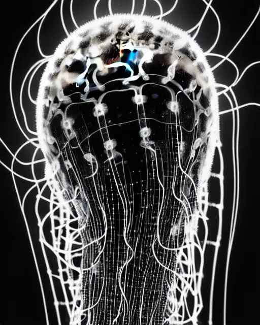 Image similar to black and white cyborg-jellyfish-plant goddess high quality photo, microchip, artificial intelligence, bio-mechanical bio-luminescence, black wired cables, neurons, nerve cells, octane render, cinematic, rim light, hyper realism, photo-realistic, high detail, 8k, masterpiece, high fashion, in the style of Steven Meisel and Dora Maar and H.G. Giger