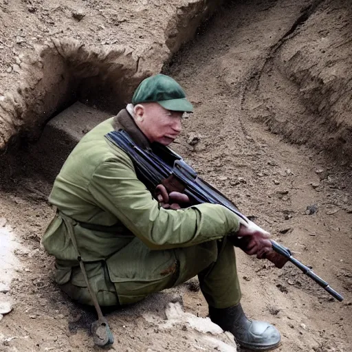 Image similar to Putin, fully equipped, is sitting in a trench and shooting back at the Ukrainians. Super detailed style/ HD textures