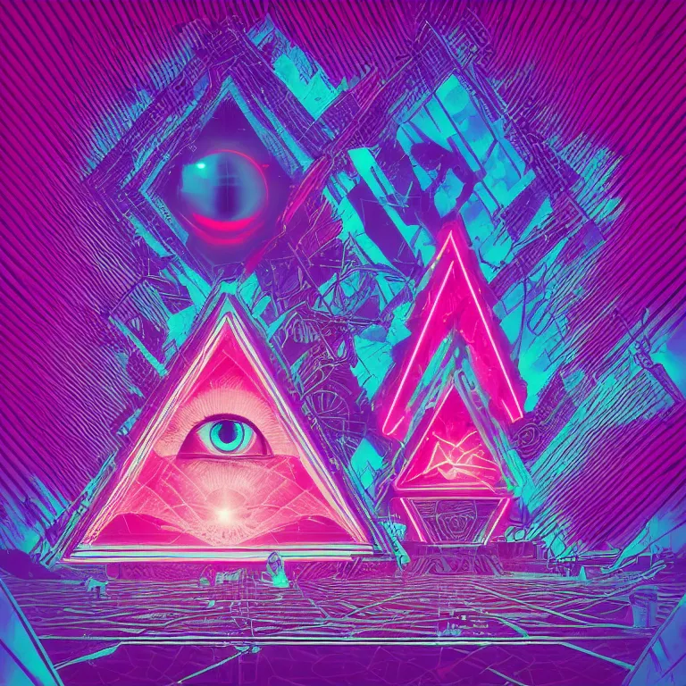 Image similar to the illuminati\'s all seeing eye, synthwave neon dark album cover design, digital art