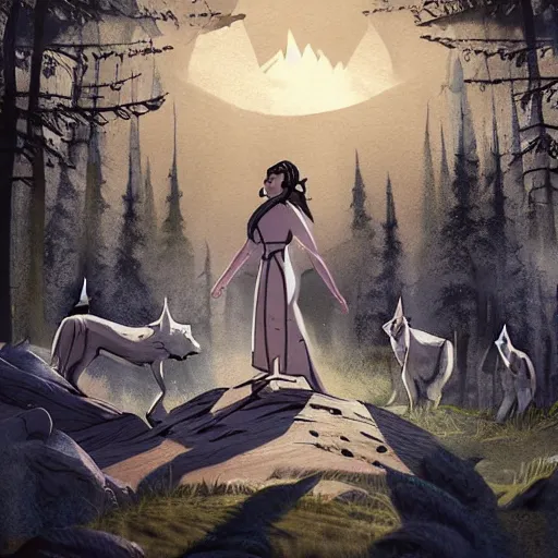 Prompt: of eurielle in a epic cinematic scene surrounded by wolves digital art in the style of greg retowski