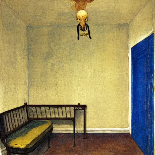 Prompt: close up of a chimera in a blue and gold haunted liminal abandoned room, watercolor by victo ngai, by hammershøi, art noveau, highly detailed, lights by edward hopper, liminal, eerie, bright pastel colors