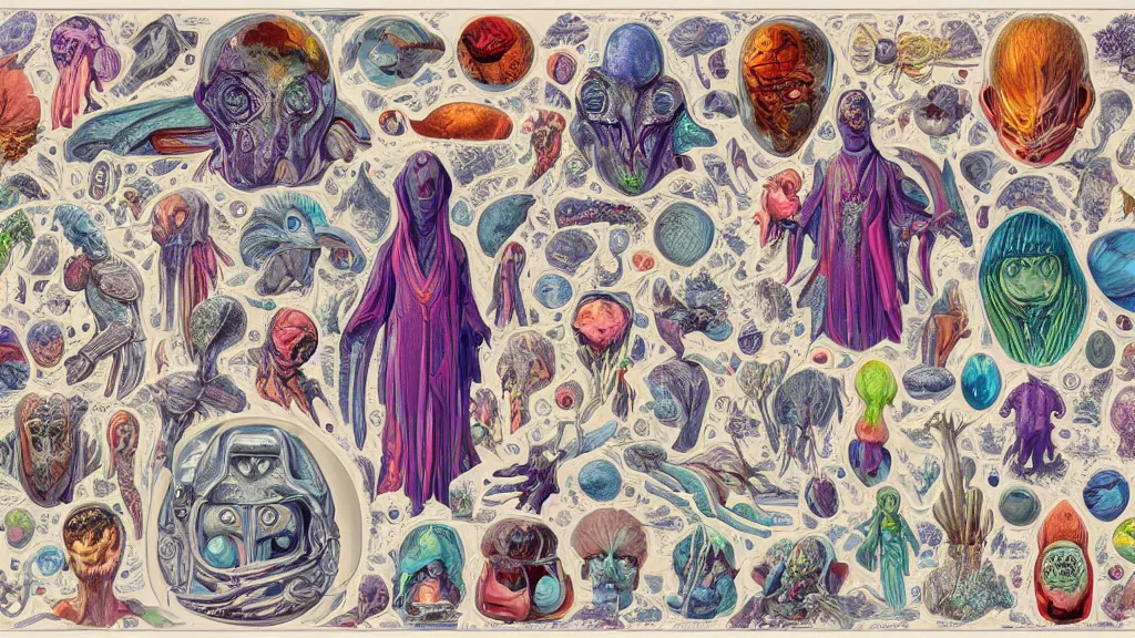 Image similar to colorful and vivid character sheet for an extraterrestrial with large bulbous head, religious robes, retrofuture, ernst haeckel, fantastic planet, moebius, valerian, coherent, illustration, digital art, trending on artstation, hd, 8 k, good lighting, beautiful, rough paper, masterpiece