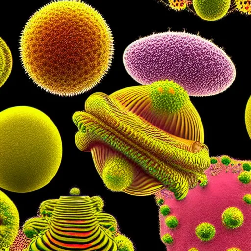 Image similar to ultradetailed scientific 3D image of several beautiful spherical pollen eaten by amoebas, scanning electron microscope image, multi-colored, fractal patterns, 8K, octane renderer, award winning, perspective