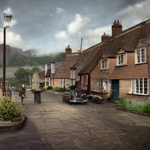 Image similar to digital matte glossy painting nostalgic 1 9 5 0 s british village, detailed in the style of trevor mitchell