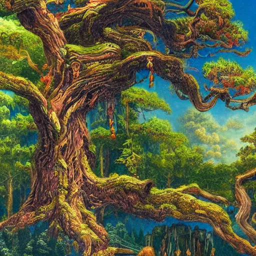 Image similar to A 100 year old tree, fantasy painting, lots of detail