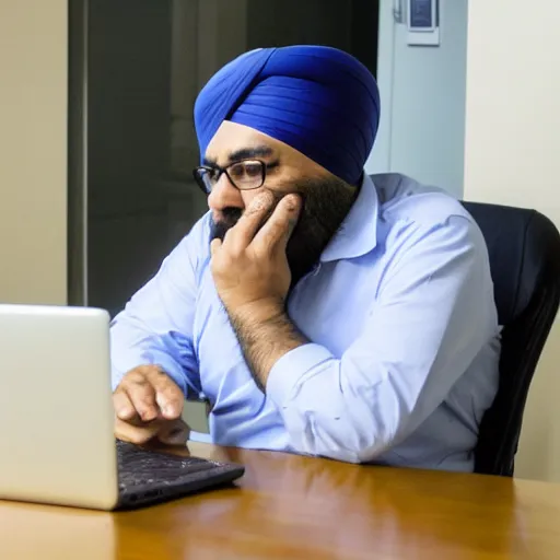 Prompt: fat Inderjit Gill sitting at a computer looking lost, photograph, high quality