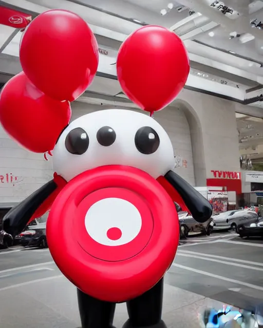 Image similar to target mascot bullseye in front of target logo artistic ad campaign closeup Portrait photo Leica Zeiss red balloons everywhere