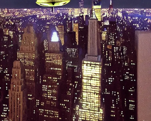 Image similar to ufo spaceship orbiting new york city. high momentum.