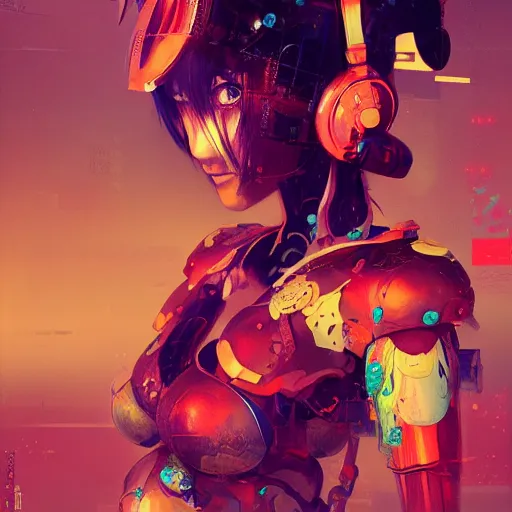 Image similar to surreal gouache painting, by yoshitaka amano, by ruan jia, by conrad roset, by kilian eng, by good smile company, detailed anime 3 d render of a pretty anime girl in bikini, portrait, cgsociety, artstation, modular patterned mechanical costume and headpiece, retrowave atmosphere