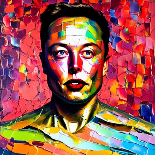 Prompt: Elon Musk as a holographic human robotic head made of glossy iridescent, Face, Palette Knife Painting, Acrylic Paint, Dried Acrylic Paint, Dynamic Palette Knife Oil Paintings, Vibrant Palette Knife Portraits Radiate Raw Emotions, Full Of Expressions, Palette Knife Paintings by Francoise Nielly, Beautiful, Beautiful Face, Portrait, Black Studio Background Color, Black Color Background Studio Lighting, Dark Studio Light, Studio, Beautiful STUDIO face, surrealistic 3d illustration of a human face non-binary, non binary model, 3d model human, cryengine, made of holographic texture, holographic material, holographic rainbow, concept of cyborg and artificial intelligence, Black Background, Black Color Background,