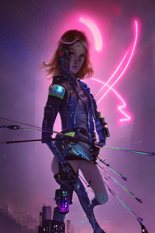 Image similar to portrait futuristic adorable cyberpunk young female archer, in futuristic stormy thunder light tokyo rooftop cyberpunk night, ssci-fi, fantasy, intricate, very very beautiful, elegant, neon light, highly detailed, digital painting, artstation, concept art, soft light, hdri, smooth, sharp focus, illustration, art by tian zi and craig mullins and WLOP and alphonse mucha