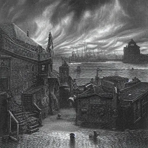Prompt: Innsmouth, H.P. Lovecraft, dark clouds, dark, eerie, dystopian, city, eldritch, illustration by Gustave Doré