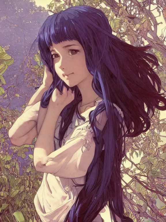 Image similar to full body picture of a blueberry neighborhood girl looking at the camera, cynical, bored, beautiful and aesthetic, intricate, unreal engine, messy hair, highly detailed, detailed face, smooth, sharp focus, chiaroscuro, manga illustration, artgerm, greg rutkowski, alphonse mucha, young adult light novel cover art