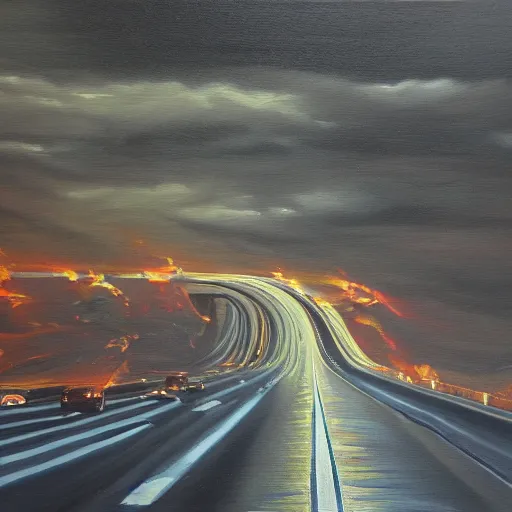 Image similar to a highway to hell, oil painting, highly detailed.