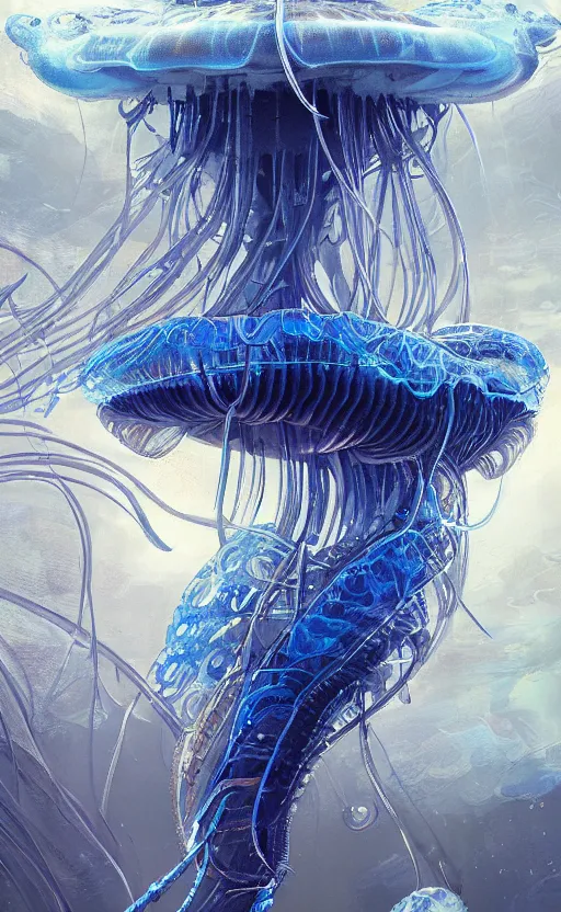 Image similar to Panorama hyper detailed painting of a cyberpunk jellyfish, blue tones, underwater, 8 mm, highly detailed, digital painting, artstation, concept art, smooth, sharp focus, illustration, art by artgerm and greg rutkowski and alphonse mucha