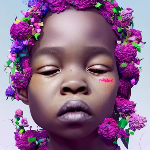 Image similar to colourful vfx art - portrait of crying nigerian boy wrapped in flowers & vines, art by hsiao - ron cheng & james jean, volumetric light, ray tracing, sharp, detailed, digital painting, illustration, highly detailed, intricate detail, unreal engine, octane render, pinterest, behance, art station,