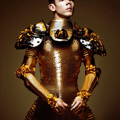 Image similar to a portrait of a beautiful young male wearing an alexander mcqueen armor made of honey , photographed by andrew thomas huang, artistic