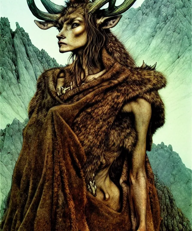 Image similar to A detailed horned deerwoman stands among the mountains with a pebble in hand. Wearing a ripped mantle, robe. Extremely high details, realistic, fantasy art, solo, masterpiece, art by Zdzisław Beksiński, Arthur Rackham, Dariusz Zawadzki