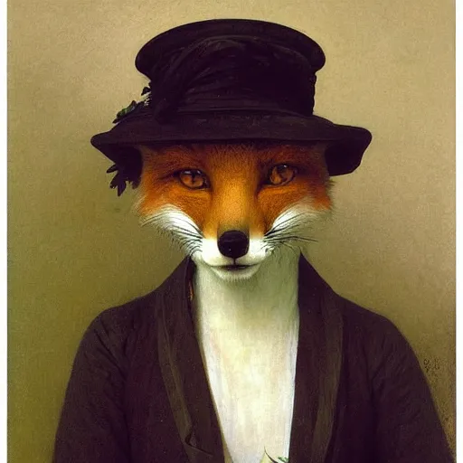 Image similar to A portrait of a fox wearing a hat full of dandelions, by Robert Cleminson and William-Adolphe Bouguereau