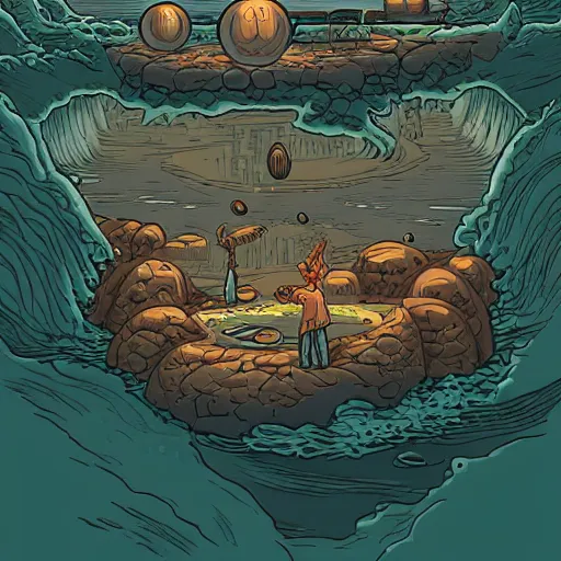 Prompt: in the powdered river, unsettling orbs are like rocks, by Dan Mumford and Mr Doodle, trending on artstation