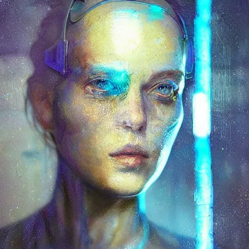 Image similar to female cyberpunk portrait by cy Twombly and BASTIEN LECOUFFE DEHARME, iridescent, volumetric lighting, blue and mustard