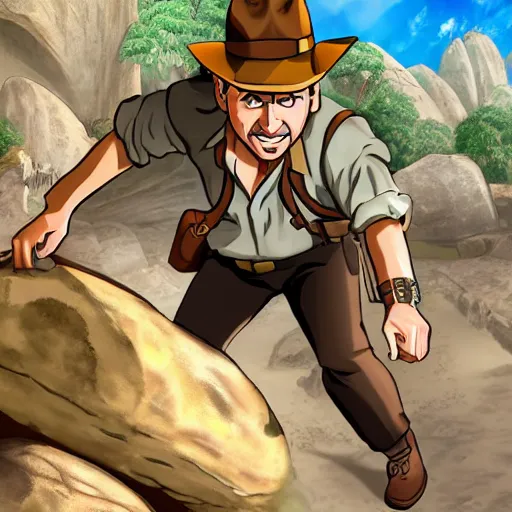 Image similar to Indiana Jones being chased by a boulder trap underground, boulder chase, inside ancient stone temple background, Indiana Jones running away from big round stone, raiders of the lost ark, detailed background, anime key visual