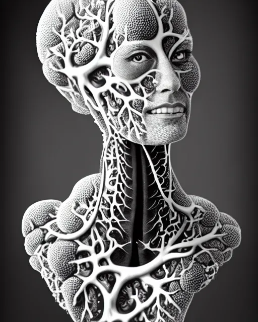 Image similar to a black and white high quality photo of a young beautiful female queen-vegetal-dragon-cyborg bust with a very long neck and Mandelbrot fractal face, Mandelbrot fractal skin, flesh, anatomical, facial muscles, veins, arteries, elegant, highly detailed, flesh highly baroque ornate, hair are wired cables, elegant, high fashion, rim light, octane render, in the style of Diane Arbus, Realistic, Refined, Digital Art, Highly Detailed, Cinematic Lighting, rim light, black and white, photo-realistic, 8K