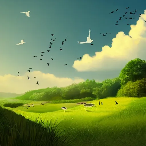 Image similar to a beautiful clean digital art of a landscape with lush green pastures and a beach with birds flying in the sky with white fluffy clouds, a colorful color palette, trending on artstation, 4 k