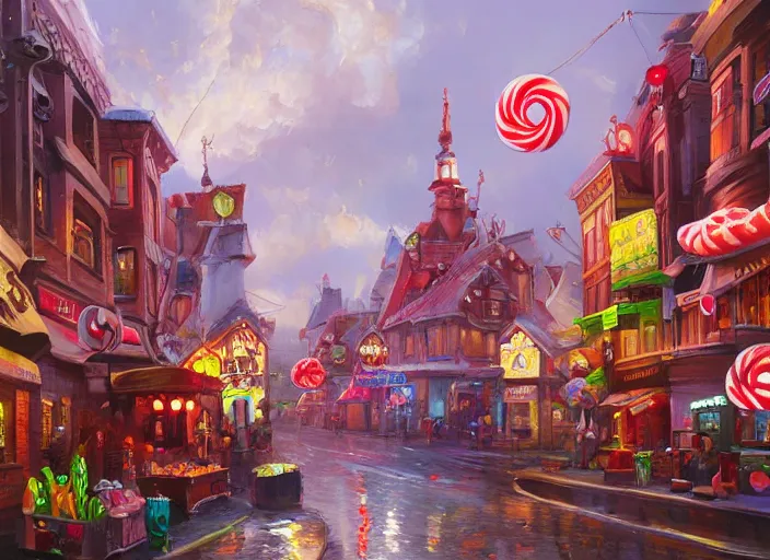 Prompt: candy city for a game candy themed, oil painting by jama jurabaev, extremely detailed, brush hard, artstation, for aaa game, high quality, brush stroke