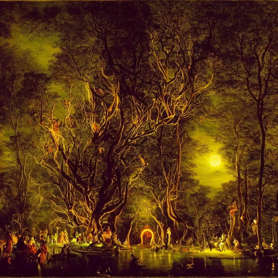 Prompt: a night carnival around a magical tree cavity, with a surreal orange moonlight and fireworks in the background, next to a lake with iridiscent water, christmas lights, folklore animals and people disguised as fantastic creatures in a magical forest by summer night, masterpiece painted by joseph wright, dark night environment