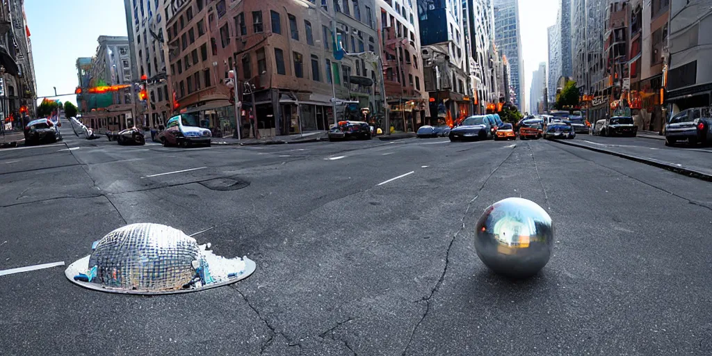 Prompt: giant disco ball rolling down the street of san francisco, destroyed houses, broken asphalt roads, highly detailed, 3d