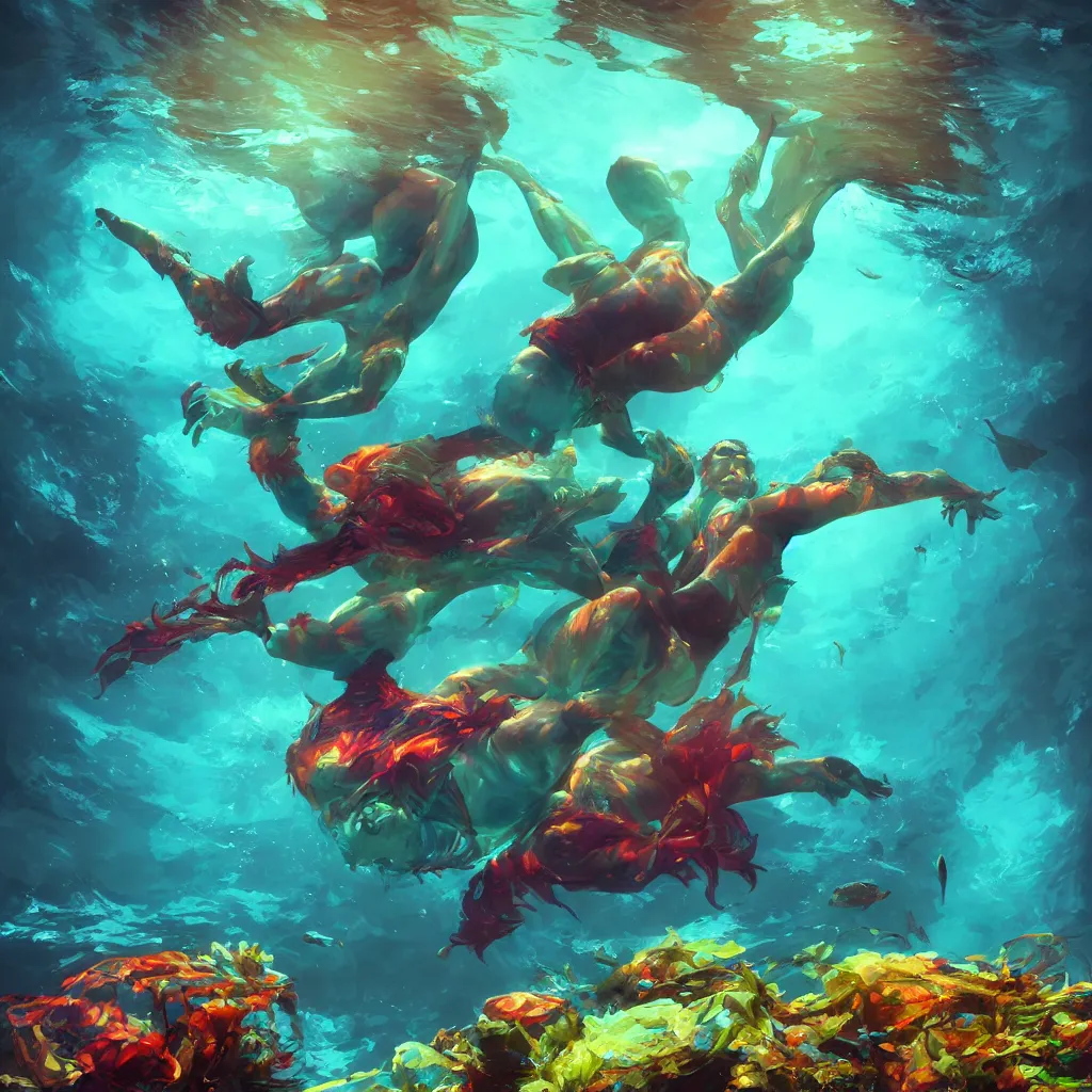 Image similar to man underwater floating, vivid colors, sharp focus, digital art, Unreal Engine, Dramatic Lighting by Brom, trending on Artstation