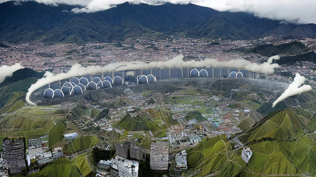 Prompt: Epic Giant Nuclear power Shines gracefully over the techno, city, nature hybrid mountain valley of Quito, Ecuador; by Oswaldo Moncayo and Vincent Callebaut; Art Direction by James Cameron;