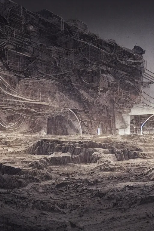Image similar to industrial research lab brutalist arquitecture in a quarry in the middle of the desert of Mars planet at night dust storm concept art by yoshitaka amano and H.R. Giger, intricate detail, 8k, featured art