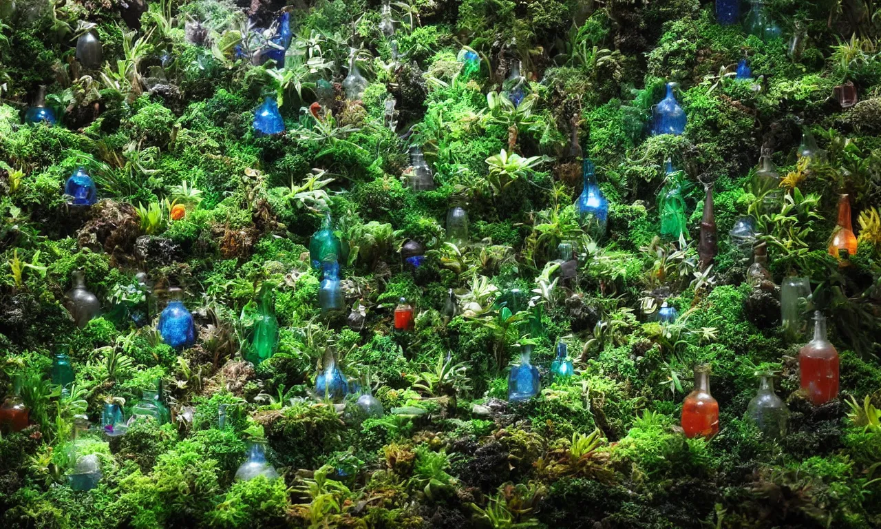 Image similar to terrarium worlds made of lush rainforests in mccartney bottles 8 k /