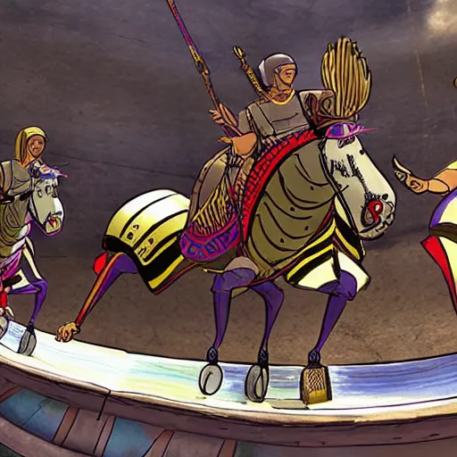 Image similar to roman chariot racing in a skate park half-pipe, video game cover