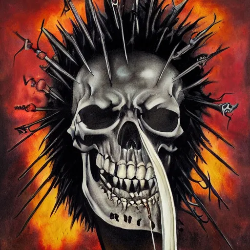 Image similar to a portrait of the grim reaper as a punk rocker, punk, skeleton face, mohawk, dark, fantasy, leather jackets, spiked collars, spiked wristbands, piercings, boots, guitars, motorcycles, ultrafine detailed painting by frank frazetta and vito acconci and will eisner, detailed painting