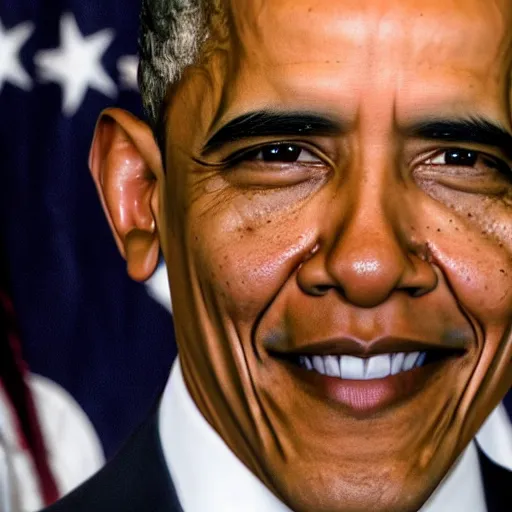 Image similar to Smiling Obama Obamas eyes glow strongly white, a white fire is behind Obama, 40nm lens, shallow depth of field, 4k, 40nm lens, shallow depth of field, split lighting, 4k,