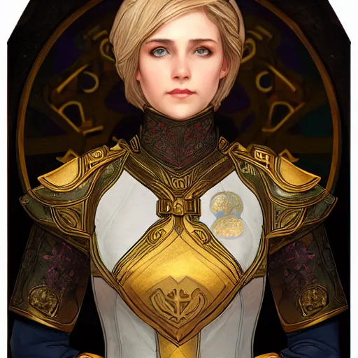 Image similar to young paladin woman, short blonde hair, plate chest armour, symmetrical portrait RPG avatar, by Mucha, intricate, 8k,