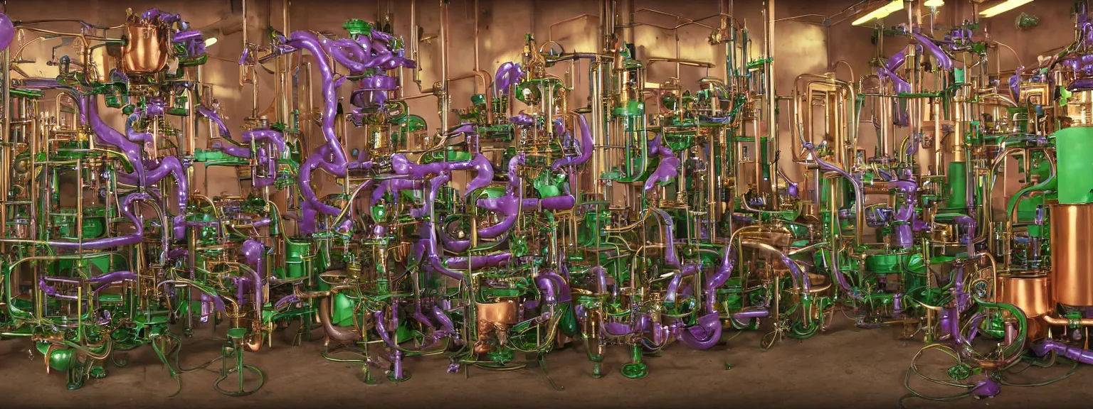 Image similar to machine apparatus for making snake oil, huge copper machine fed by a hopper of snakes, purple and green pipework, art by ed roth and kenny scharf, barrels of snake oil in a hermetically sealed production line, golden hour lighting, film still from the uncle aloysius family medicine depot movie 3 d, 8 k
