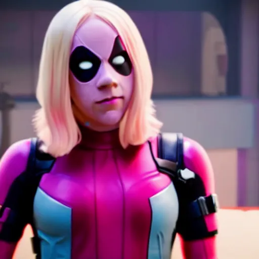 Image similar to A still of Gwenpool in Deadpool 3 (2023), no mask, blonde hair with pink highlights