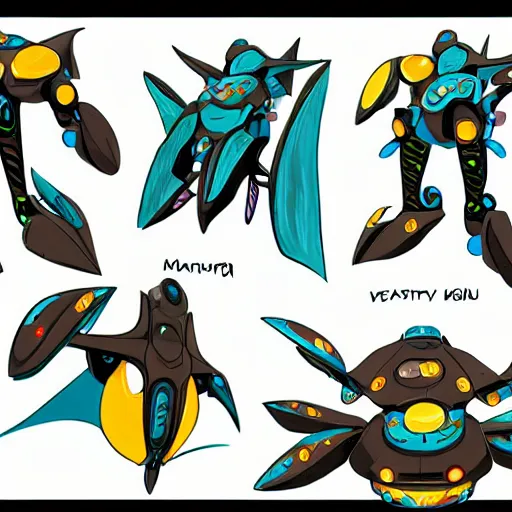 Image similar to character design sheets for an ancient manta ray battle mech suit, art by tim shafer from his work on psychonauts 2 by double fine, and inspired by splatoon by nintendo, blacklight