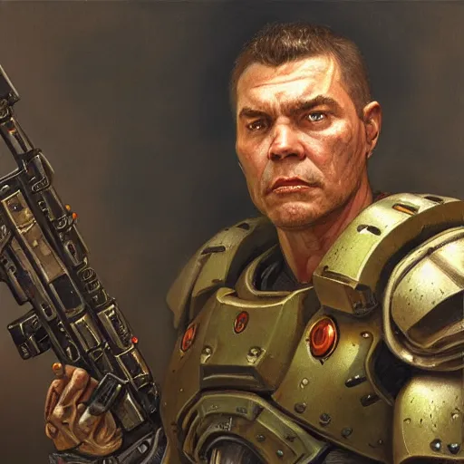 Prompt: the doomguy as a realistic fantasy d & d character, closeup portrait art by donato giancola and greg rutkowski, realistic face, digital art, trending on artstation